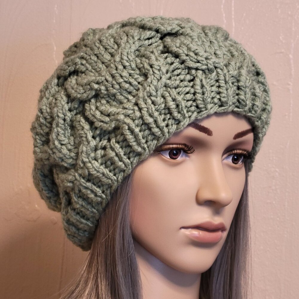 Chunky Knit Beret, French Beret, Slouchy Beanie, Cable Knit Hat
